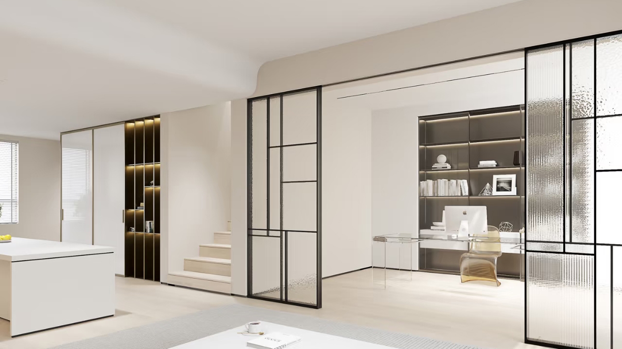 Slim-frame sliding doors and display shelving in an Italian living room