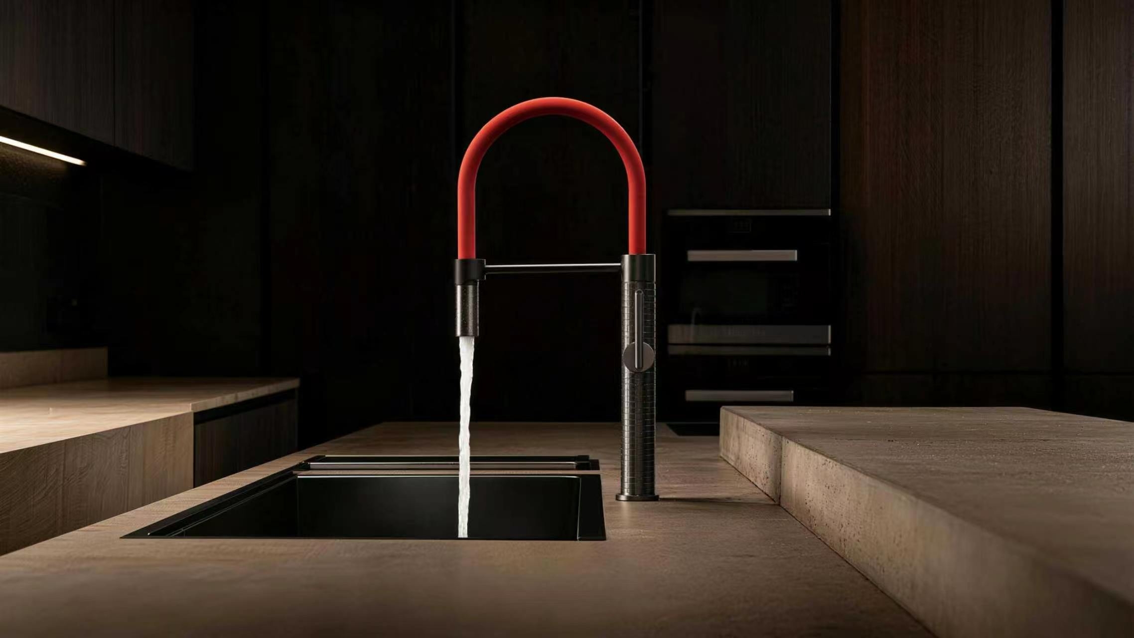 FELINE designer kitchen faucet with red flexible hose over a workstation sink