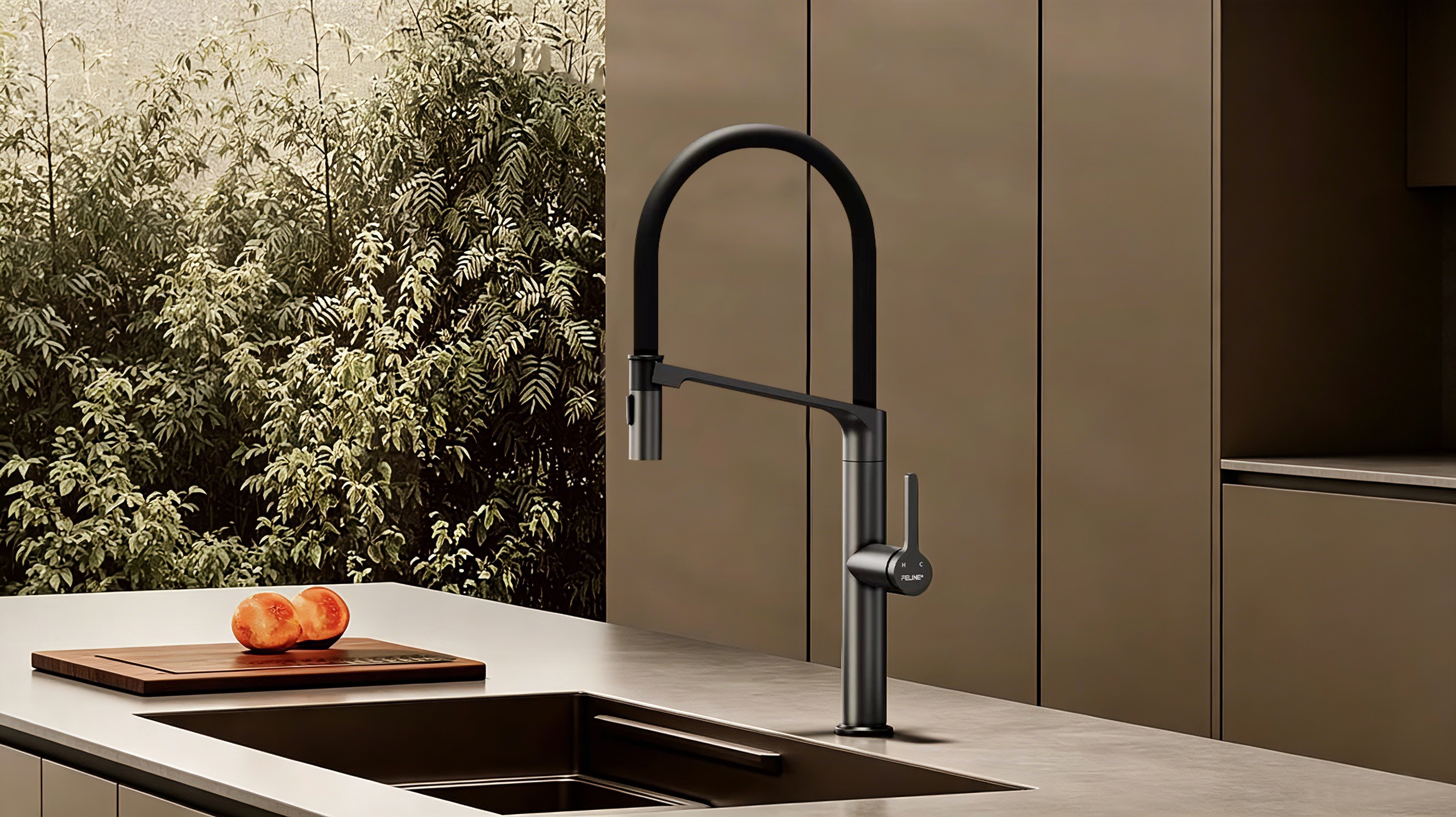 FELINE gooseneck kitchen faucet in a warm minimalist kitchen