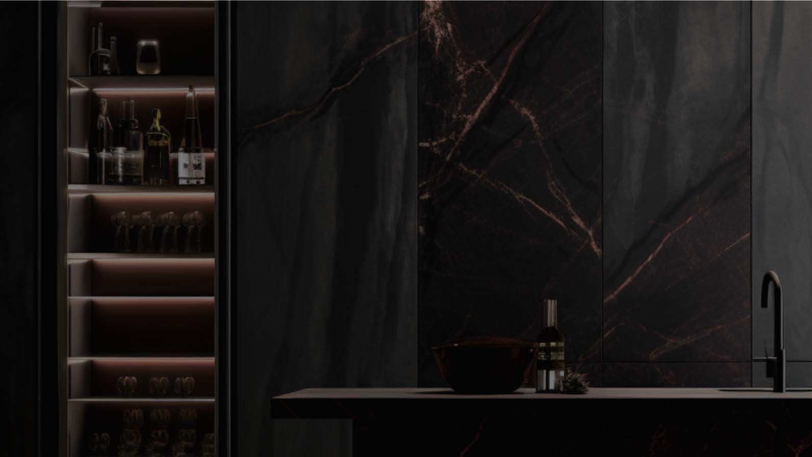 Dark marble display cabinet with warm integrated lighting