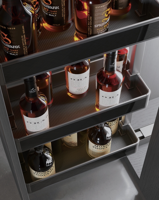 Tall cabinet internal storage racks with bottles and packaged goods