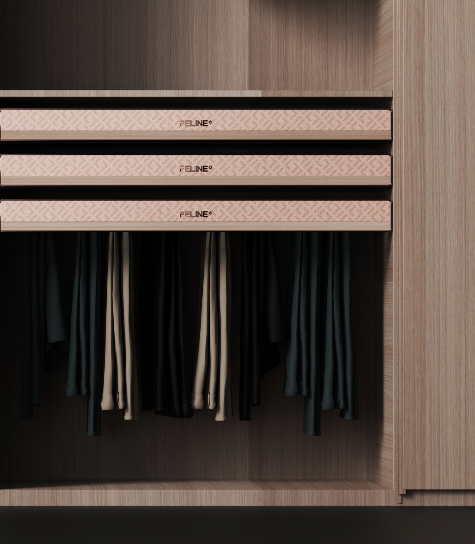 FELINE pull-down wardrobe rails in a light-luxury closet